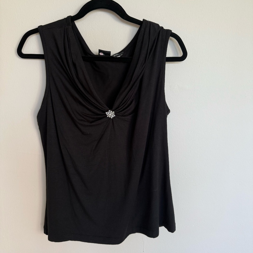 Mossimo Black Draped Jersey Top | Removable Flower Pin | Size M-L
